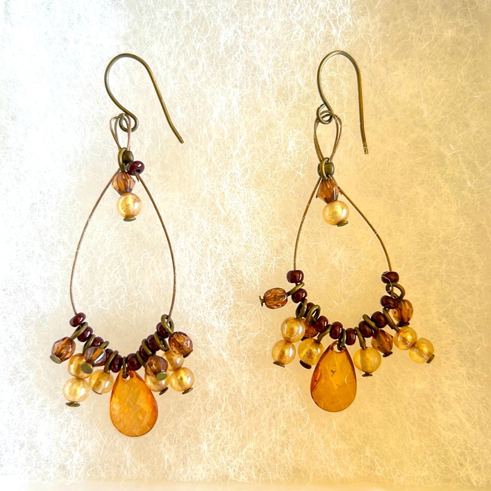 Crystal Brown & Tan Loop Wire Dangle Earrings 2.5” Drop